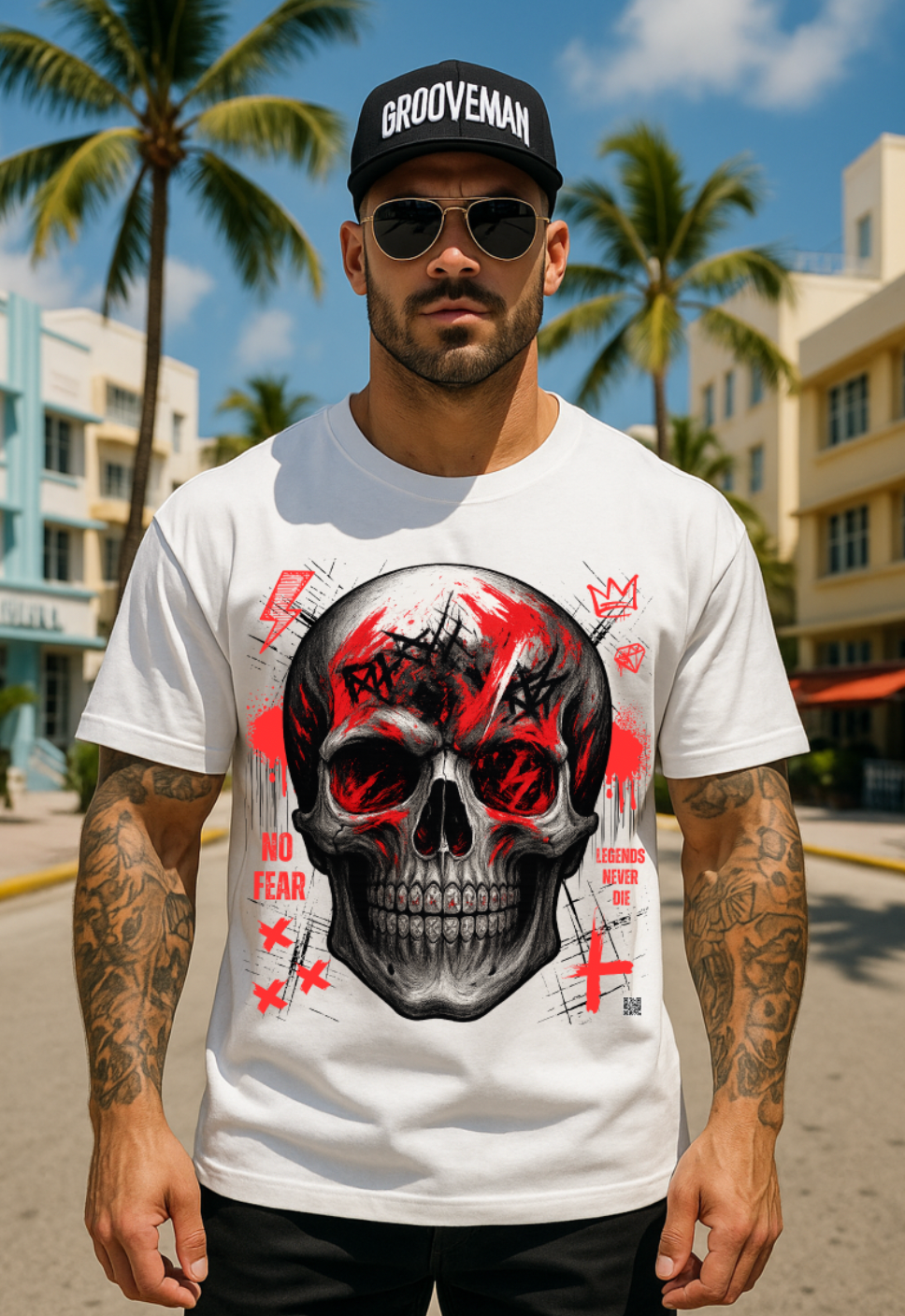 Men’s Black Skull Graphic T-Shirt – Red Streetwear Tee Matching Your Sneakers | Grooveman
