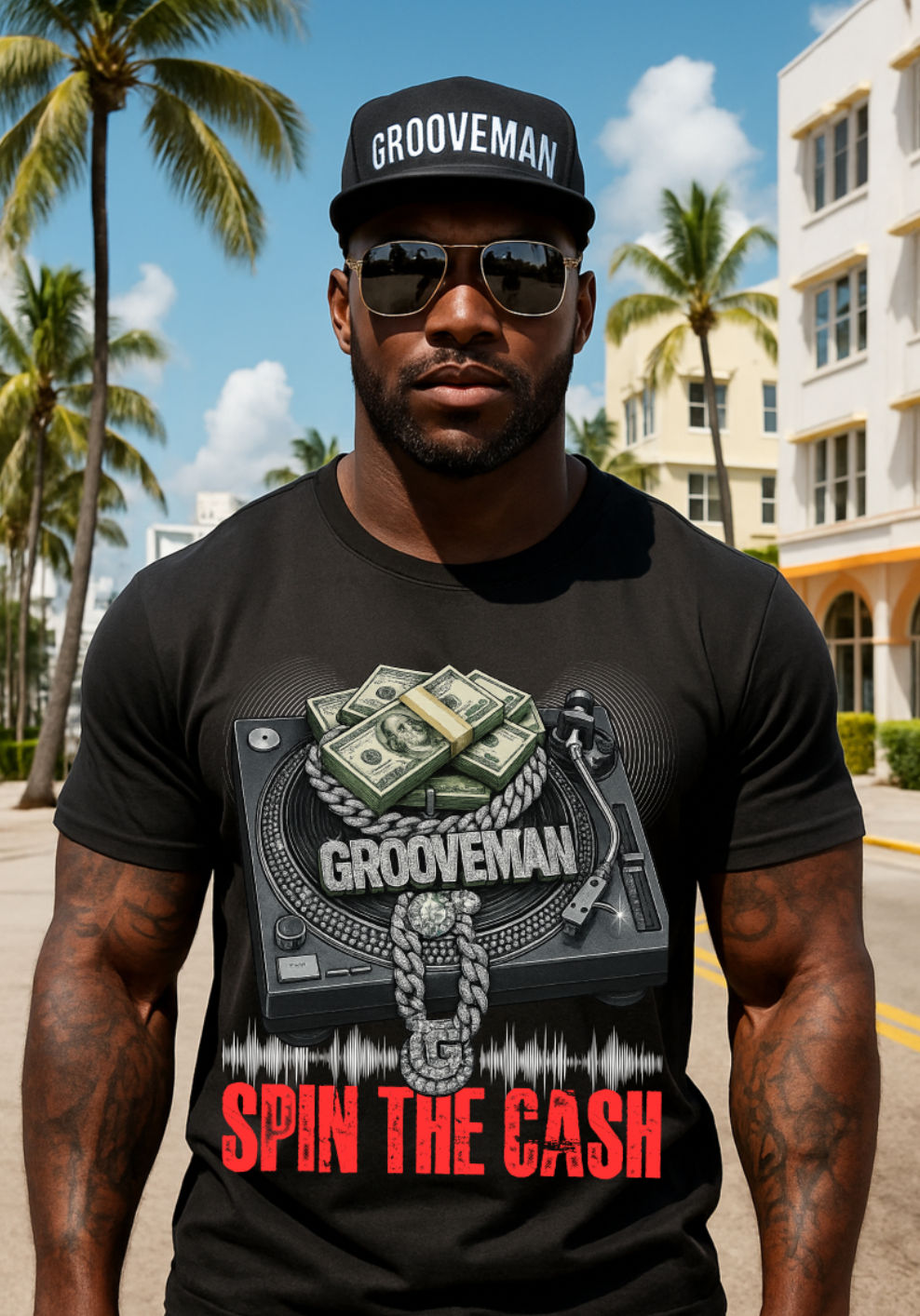 Grooveman Spin The Cash T-Shirt – DJ Turntable Money Chain Graphic Tee