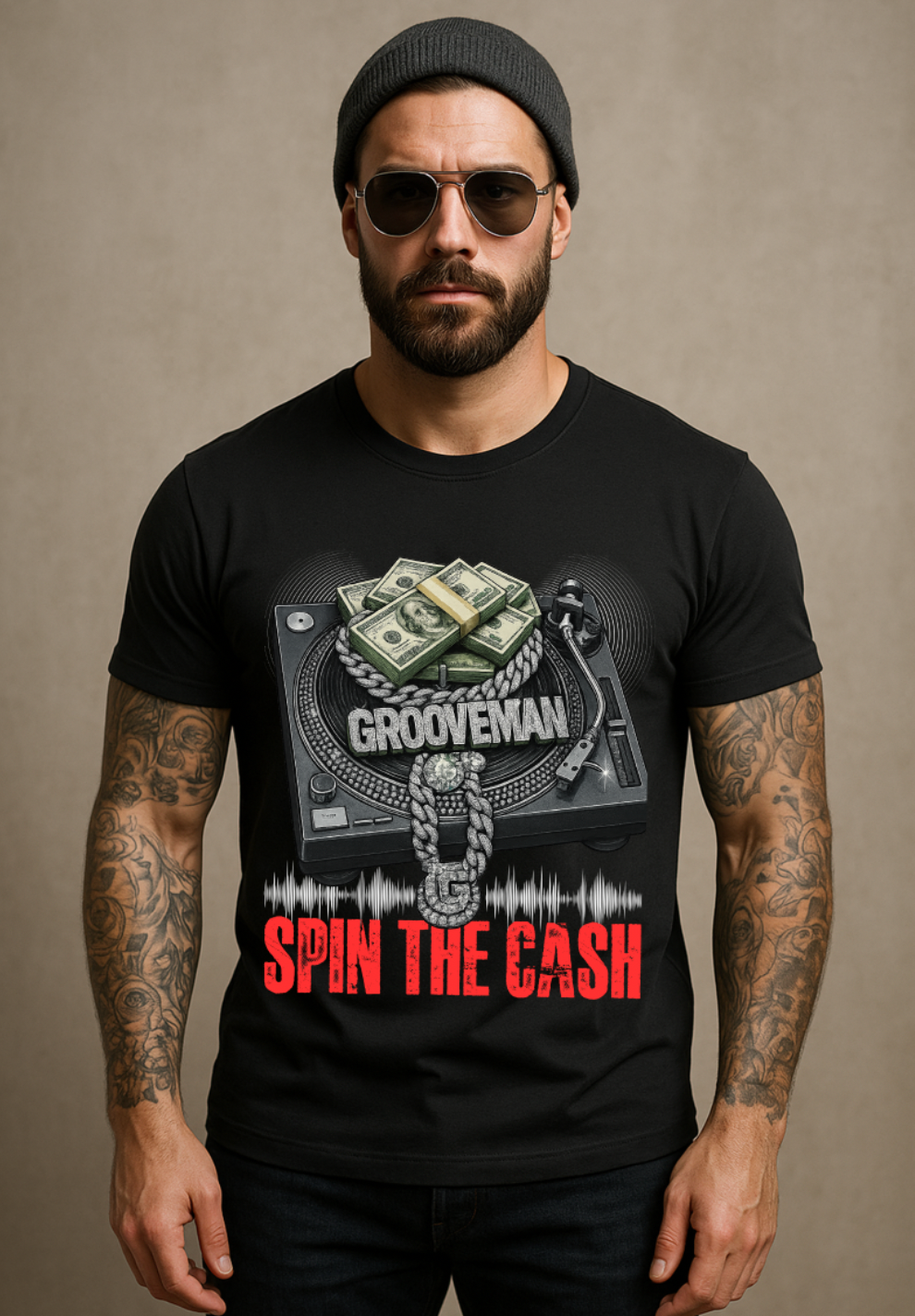 Grooveman Spin The Cash T-Shirt – DJ Turntable Money Chain Graphic Tee