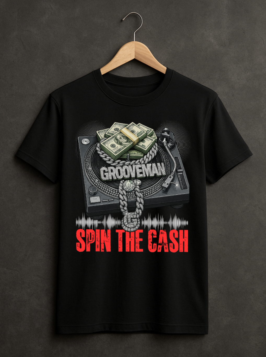 Grooveman Spin The Cash T-Shirt – DJ Turntable Money Chain Graphic Tee