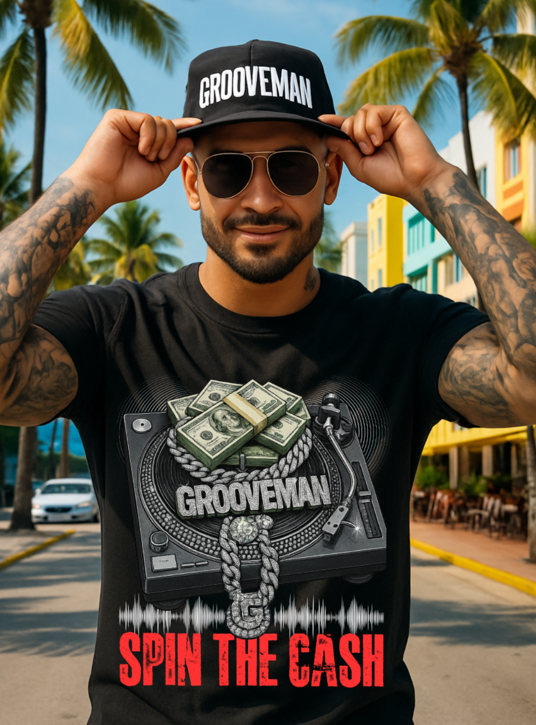 Grooveman Spin The Cash T-Shirt – DJ Turntable Money Chain Graphic Tee