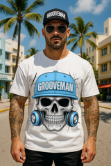 Grooveman Skull Cap Graphic T-Shirt | Urban Streetwear with Blue Hat & Headphones