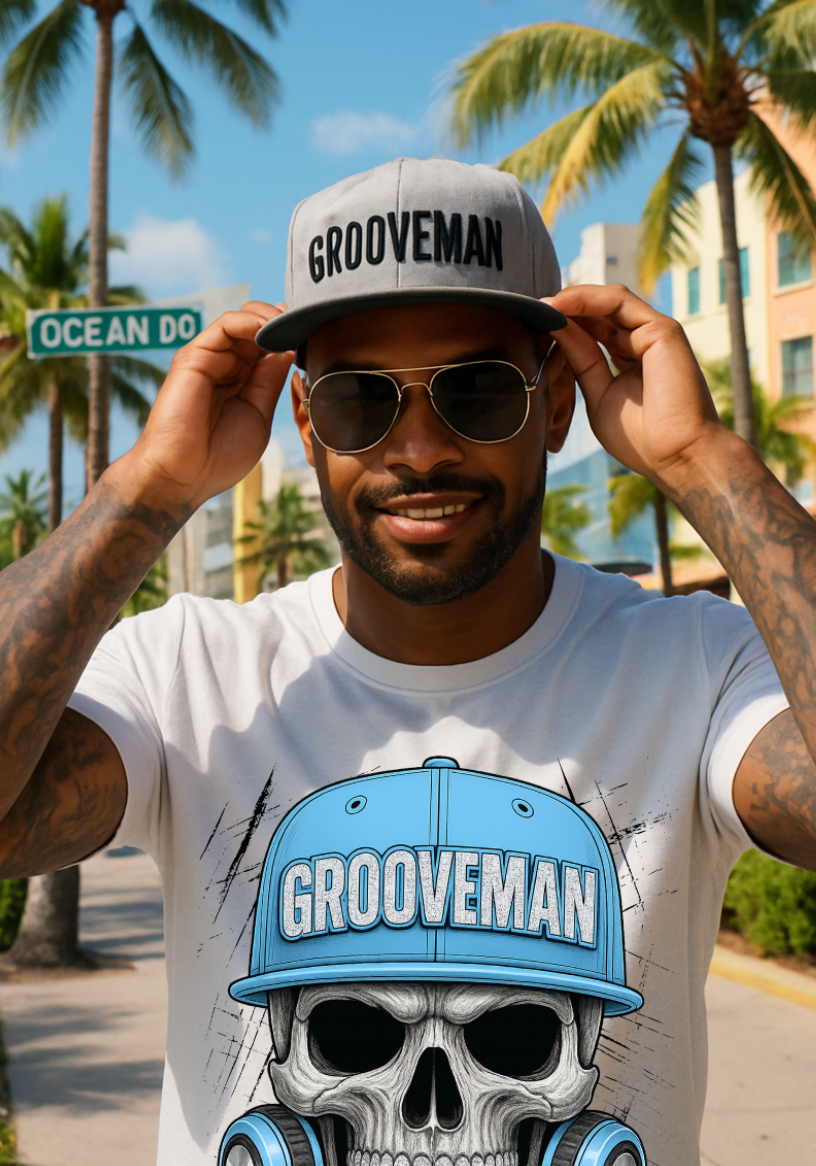 Grooveman Skull Cap Graphic T-Shirt | Urban Streetwear with Blue Hat & Headphones