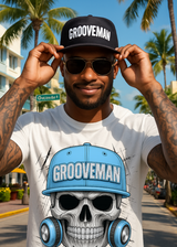 Grooveman Skull Cap Graphic T-Shirt | Urban Streetwear with Blue Hat & Headphones