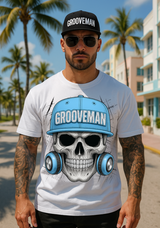 Grooveman Skull Cap Graphic T-Shirt | Urban Streetwear with Blue Hat & Headphones