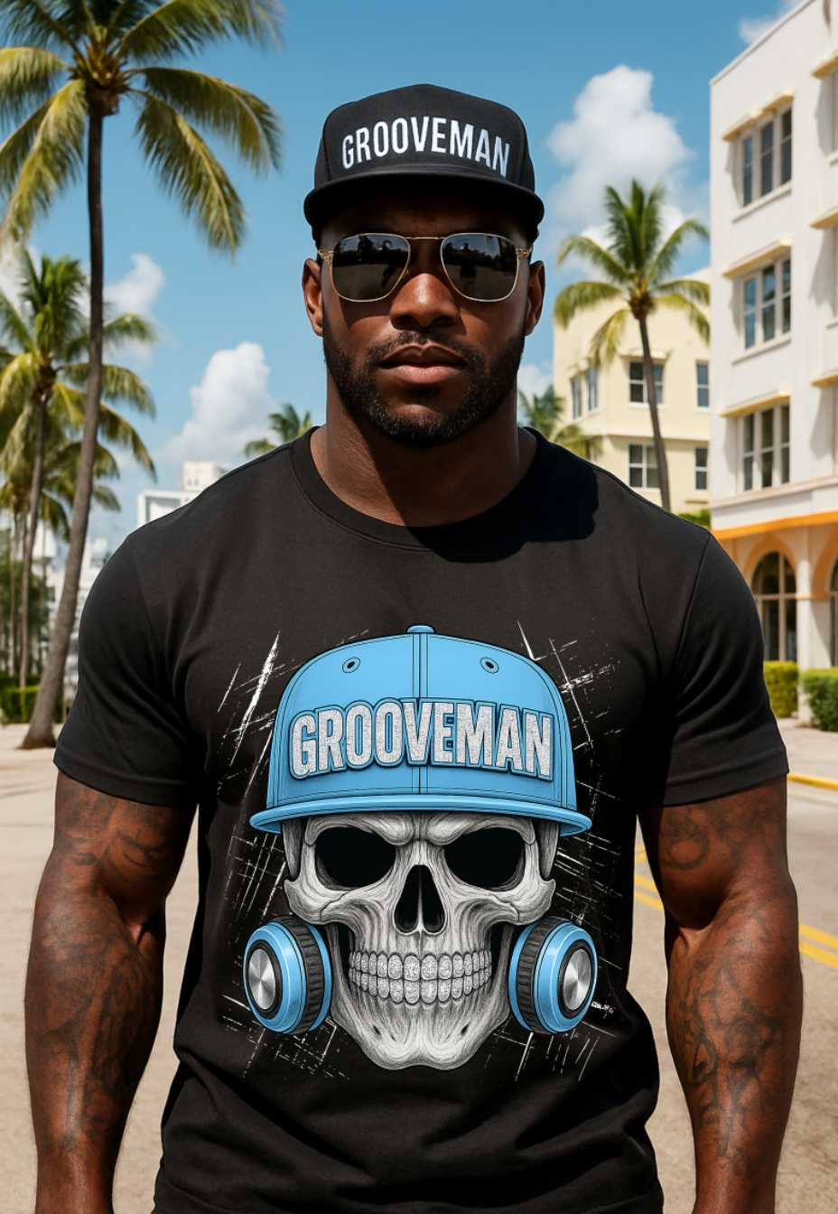 Grooveman Skull Cap Graphic T-Shirt | Urban Streetwear with Blue Hat & Headphones