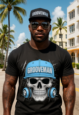 Grooveman Skull Cap Graphic T-Shirt | Urban Streetwear with Blue Hat & Headphones