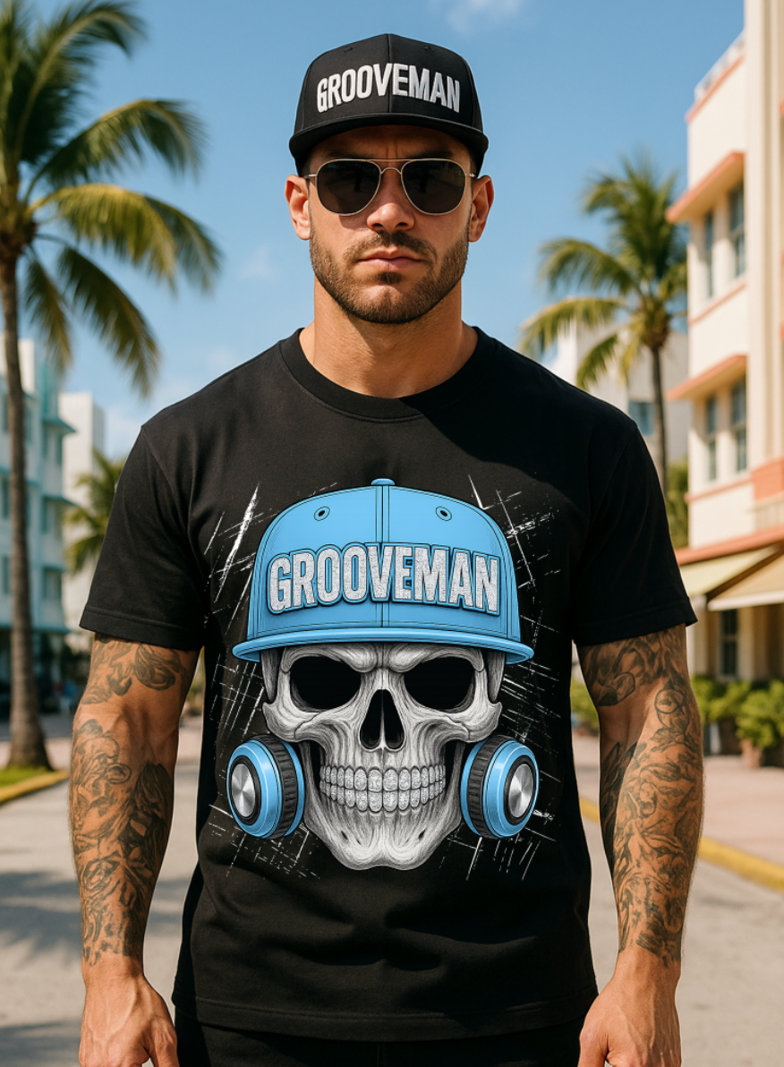 Grooveman Skull Cap Graphic T-Shirt | Urban Streetwear with Blue Hat & Headphones
