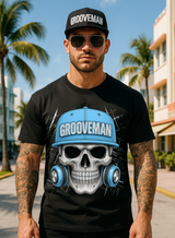 Grooveman Skull Cap Graphic T-Shirt | Urban Streetwear with Blue Hat & Headphones