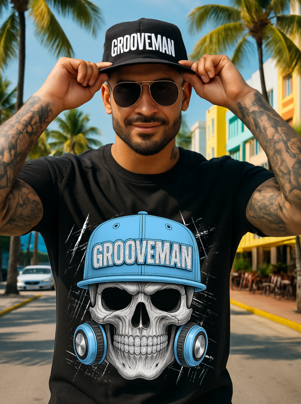 Grooveman Skull Cap Graphic T-Shirt | Urban Streetwear with Blue Hat & Headphones