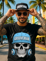 Grooveman Skull Cap Graphic T-Shirt | Urban Streetwear with Blue Hat & Headphones