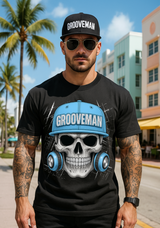 Grooveman Skull Cap Graphic T-Shirt | Urban Streetwear with Blue Hat & Headphones