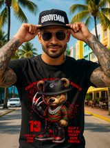 Grooveman Freddy Teddy Horror Streetwear T-Shirt – Graphic Bear with Chains & Sneakers