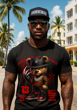 Grooveman Freddy Teddy Horror Streetwear T-Shirt – Graphic Bear with Chains & Sneakers