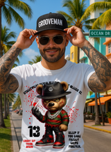 Grooveman Freddy Teddy Horror Streetwear T-Shirt – Graphic Bear with Chains & Sneakers