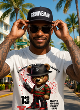 Grooveman Freddy Teddy Horror Streetwear T-Shirt – Graphic Bear with Chains & Sneakers