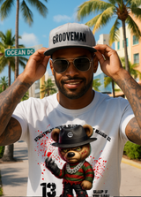 Grooveman Freddy Teddy Horror Streetwear T-Shirt – Graphic Bear with Chains & Sneakers