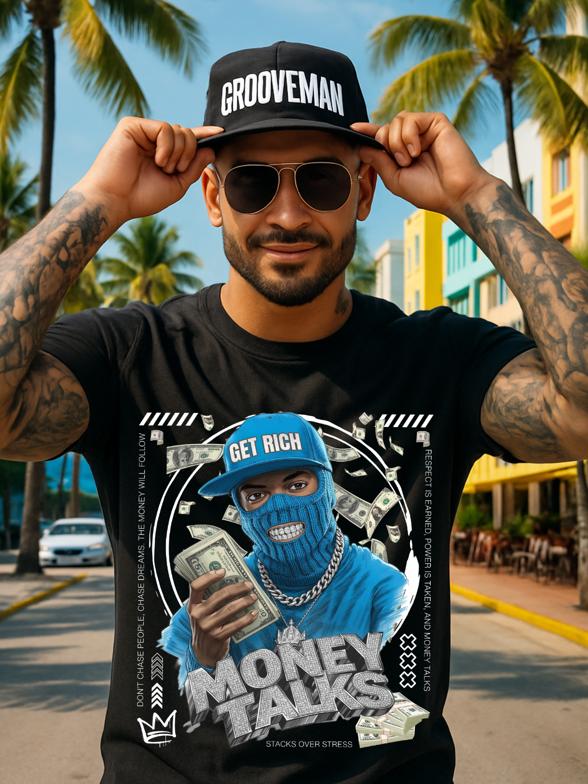 Money Talks Graphic T-Shirt – Get Rich Streetwear Tee with Ski Mask, Stacks & Cuban Chain