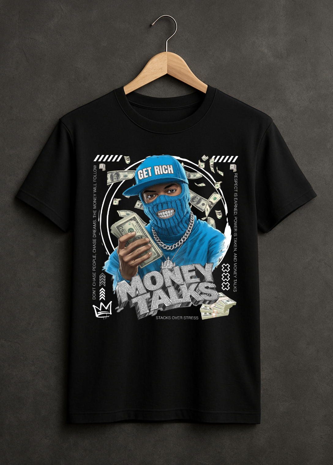 Money Talks Graphic T-Shirt – Get Rich Streetwear Tee with Ski Mask, Stacks & Cuban Chain