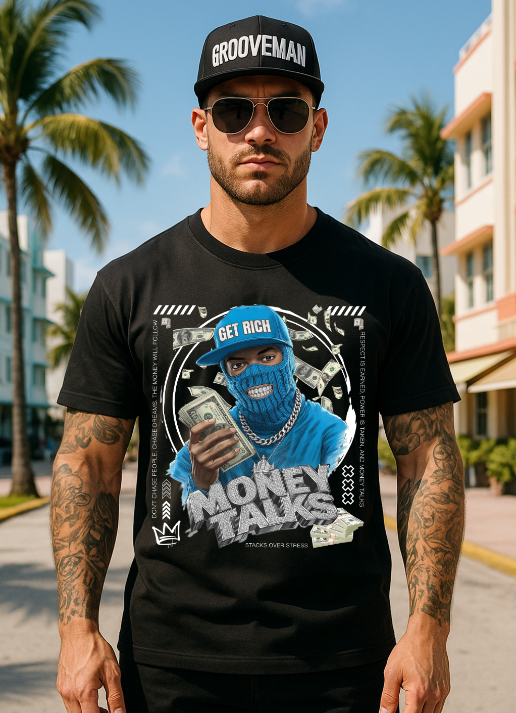 Money Talks Graphic T-Shirt – Get Rich Streetwear Tee with Ski Mask, Stacks & Cuban Chain