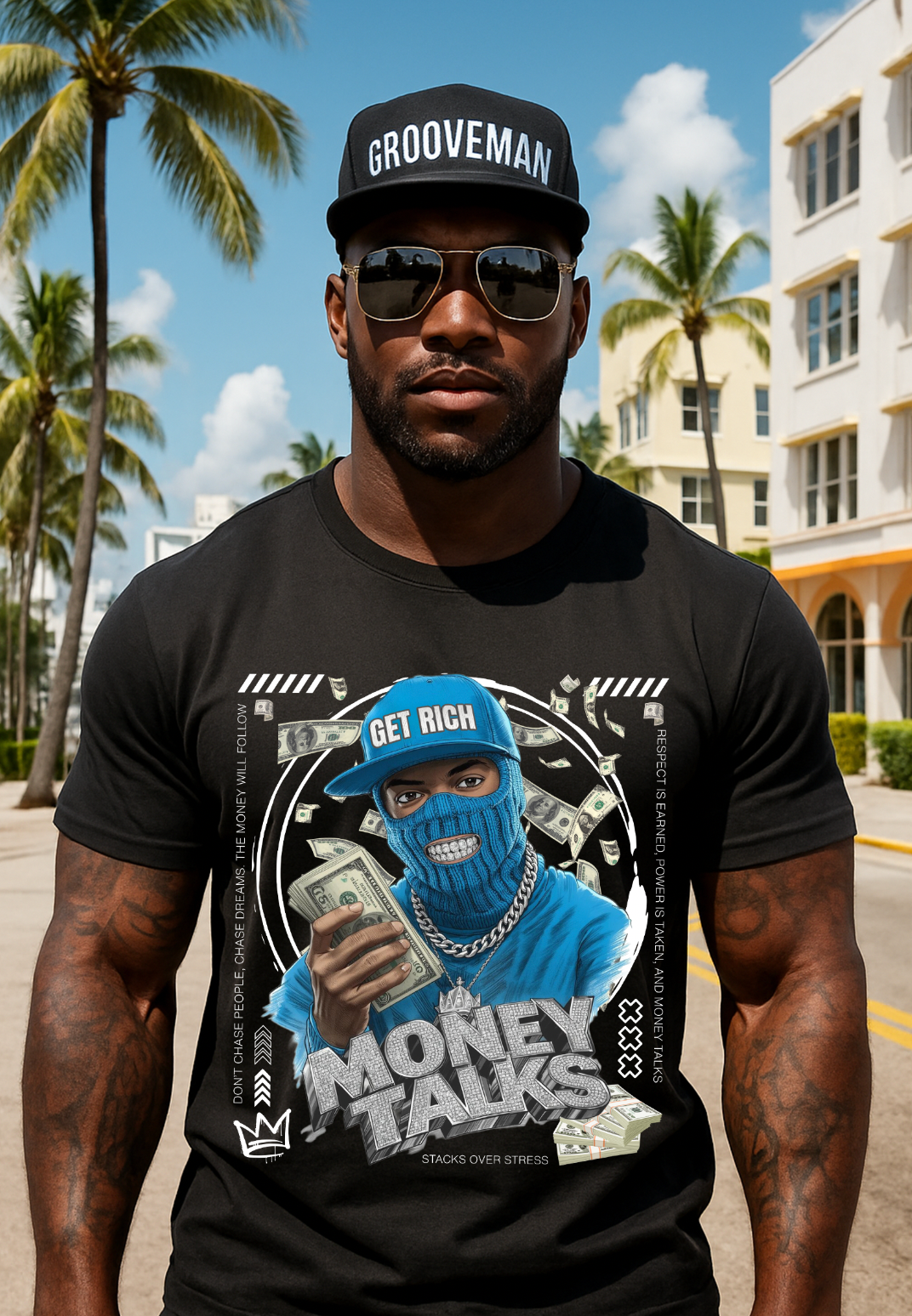 Money Talks Graphic T-Shirt – Get Rich Streetwear Tee with Ski Mask, Stacks & Cuban Chain