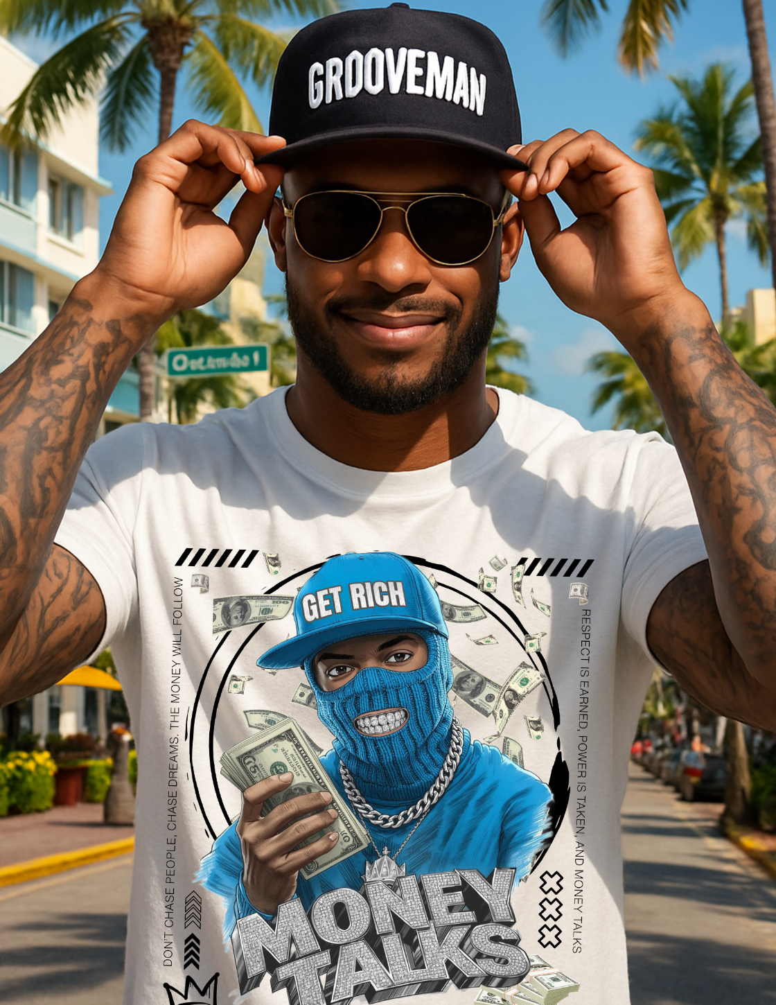 Money Talks Graphic T-Shirt – Get Rich Streetwear Tee with Ski Mask, Stacks & Cuban Chain