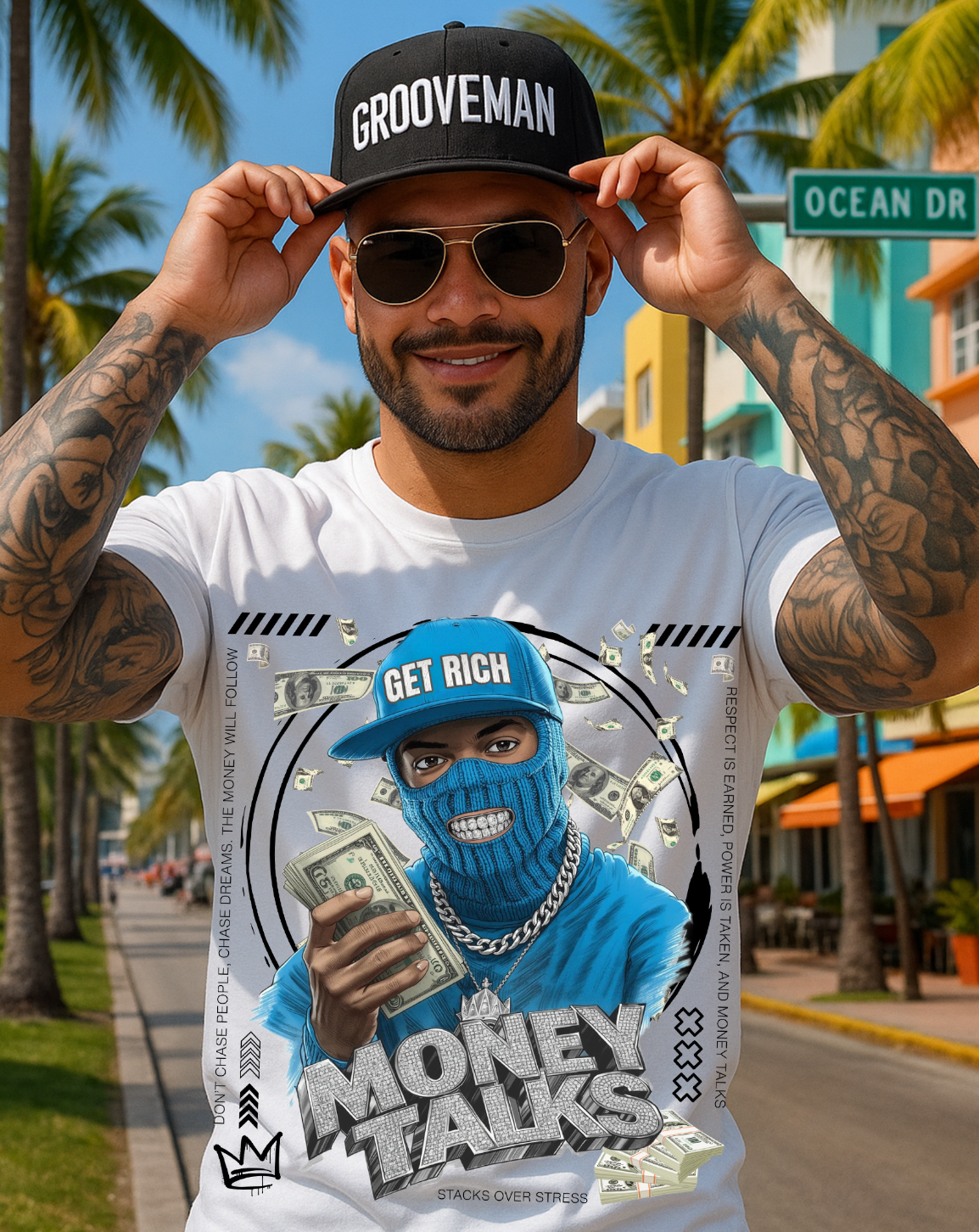 Money Talks Graphic T-Shirt – Get Rich Streetwear Tee with Ski Mask, Stacks & Cuban Chain