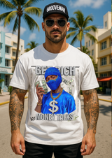 Money Talks Graphic T-Shirt – Get Rich Streetwear Tee with Royal Blue Ski Mask, Stacks & Cuban Chain