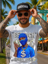 Money Talks Graphic T-Shirt – Get Rich Streetwear Tee with Royal Blue Ski Mask, Stacks & Cuban Chain