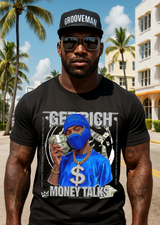 Money Talks Graphic T-Shirt – Get Rich Streetwear Tee with Royal Blue Ski Mask, Stacks & Cuban Chain