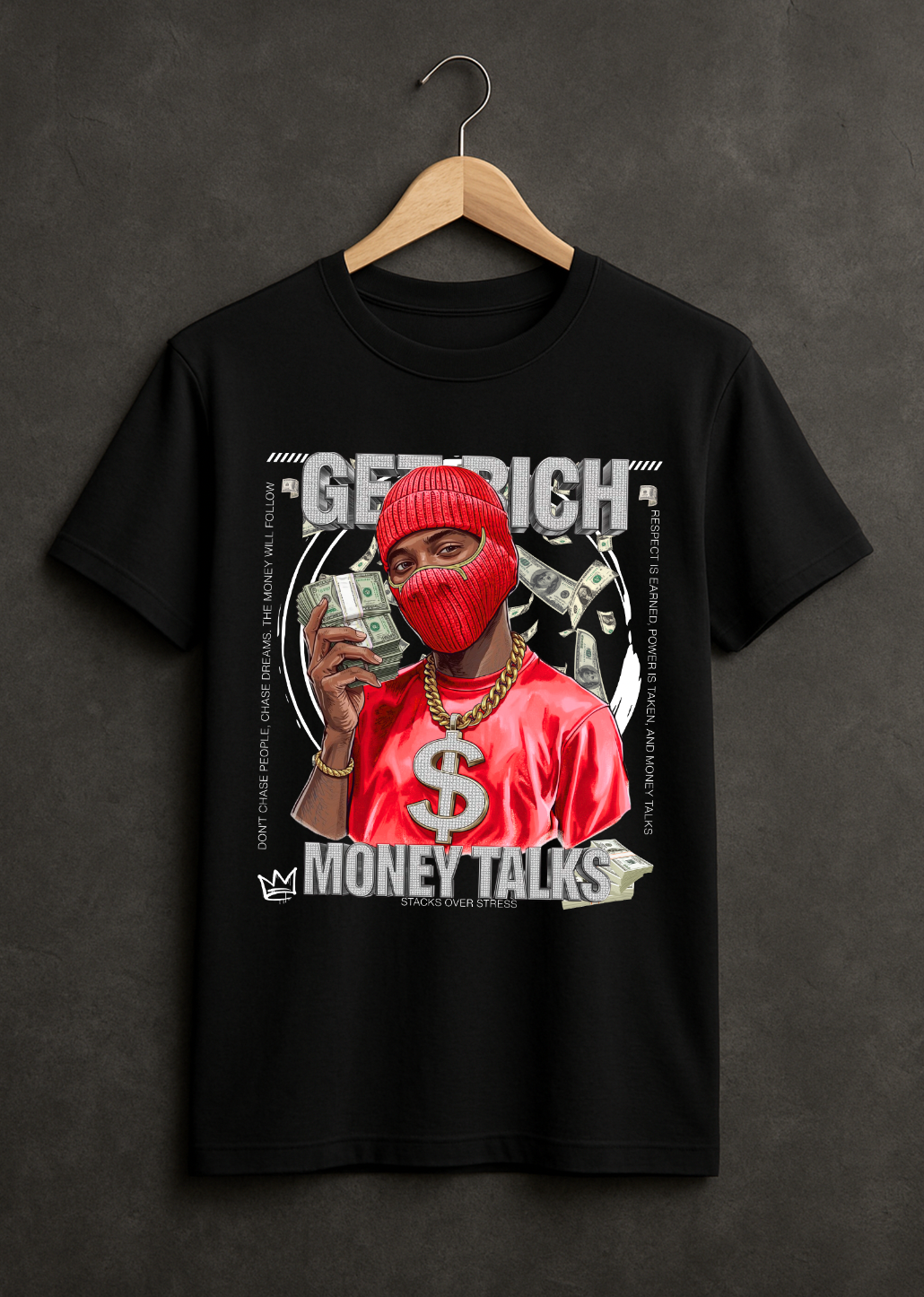 Money Talks Graphic T-Shirt – Get Rich Streetwear Tee with Red Ski Mask, Stacks & Cuban Chain