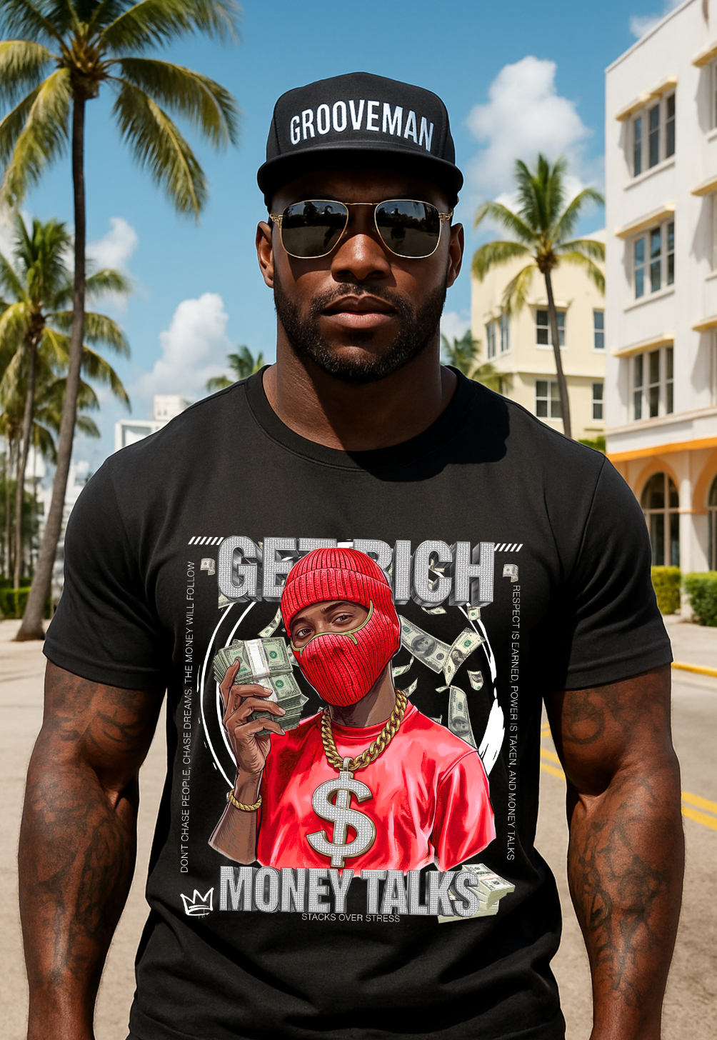 Money Talks Graphic T-Shirt – Get Rich Streetwear Tee with Red Ski Mask, Stacks & Cuban Chain