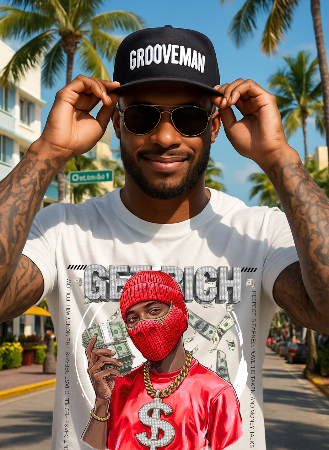Money Talks Graphic T-Shirt – Get Rich Streetwear Tee with Red Ski Mask, Stacks & Cuban Chain