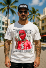 Money Talks Graphic T-Shirt – Get Rich Streetwear Tee with Red Ski Mask, Stacks & Cuban Chain