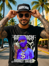 Money Talks Graphic T-Shirt – Get Rich Streetwear Tee with Purple Ski Mask, Stacks & Cuban Chain