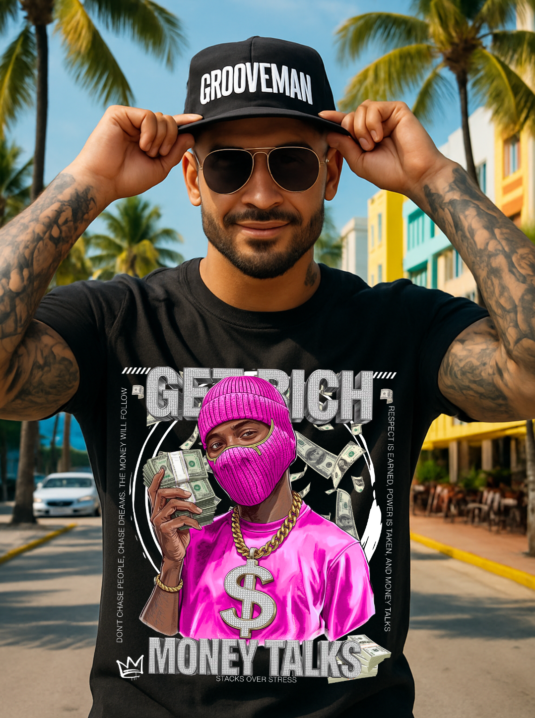 Money Talks Graphic T-Shirt – Get Rich Streetwear Tee with Hot Pink Ski Mask, Stacks & Cuban Chain