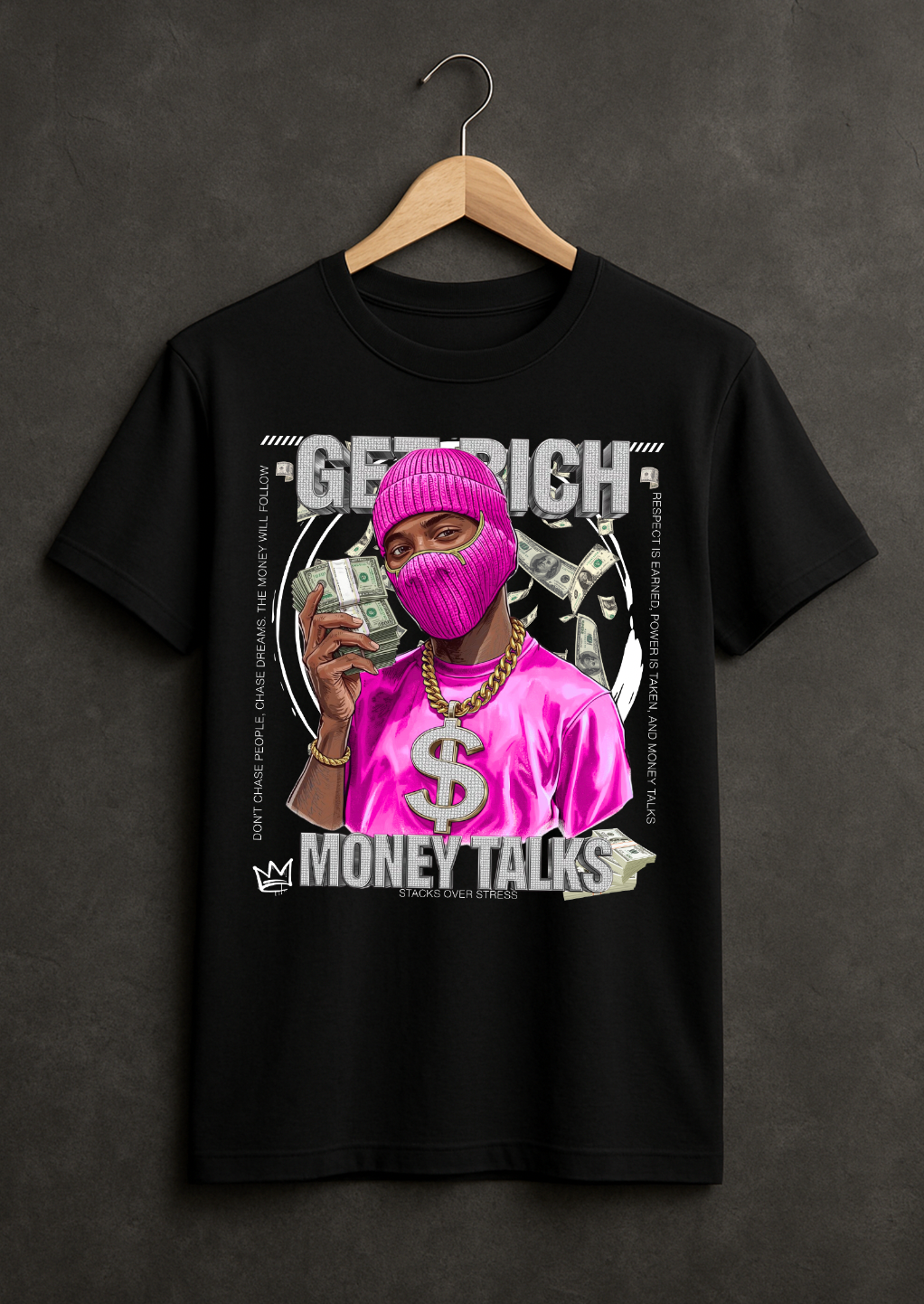 Money Talks Graphic T-Shirt – Get Rich Streetwear Tee with Hot Pink Ski Mask, Stacks & Cuban Chain