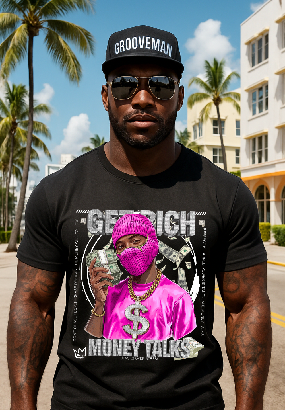 Money Talks Graphic T-Shirt – Get Rich Streetwear Tee with Hot Pink Ski Mask, Stacks & Cuban Chain
