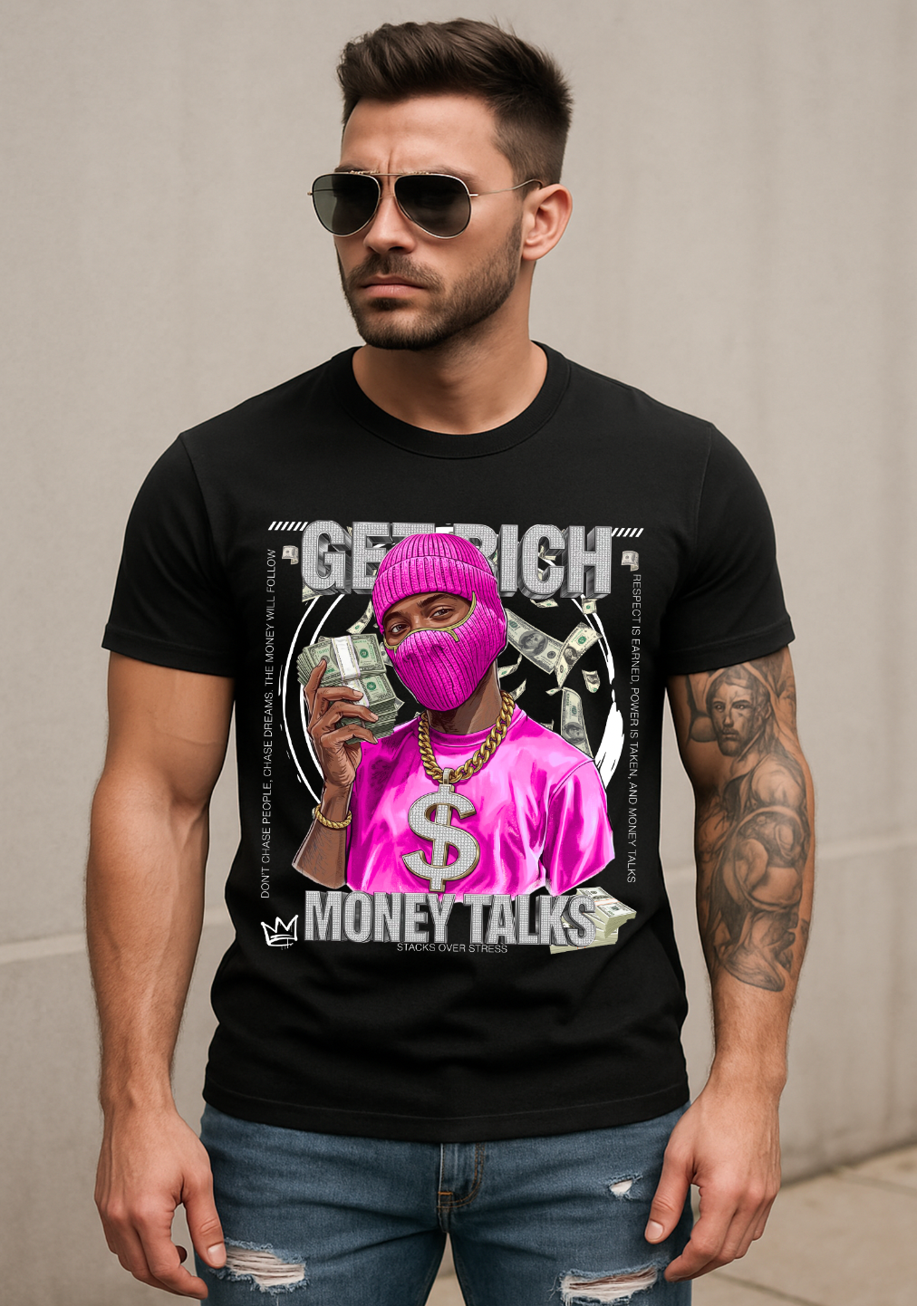 Money Talks Graphic T-Shirt – Get Rich Streetwear Tee with Hot Pink Ski Mask, Stacks & Cuban Chain