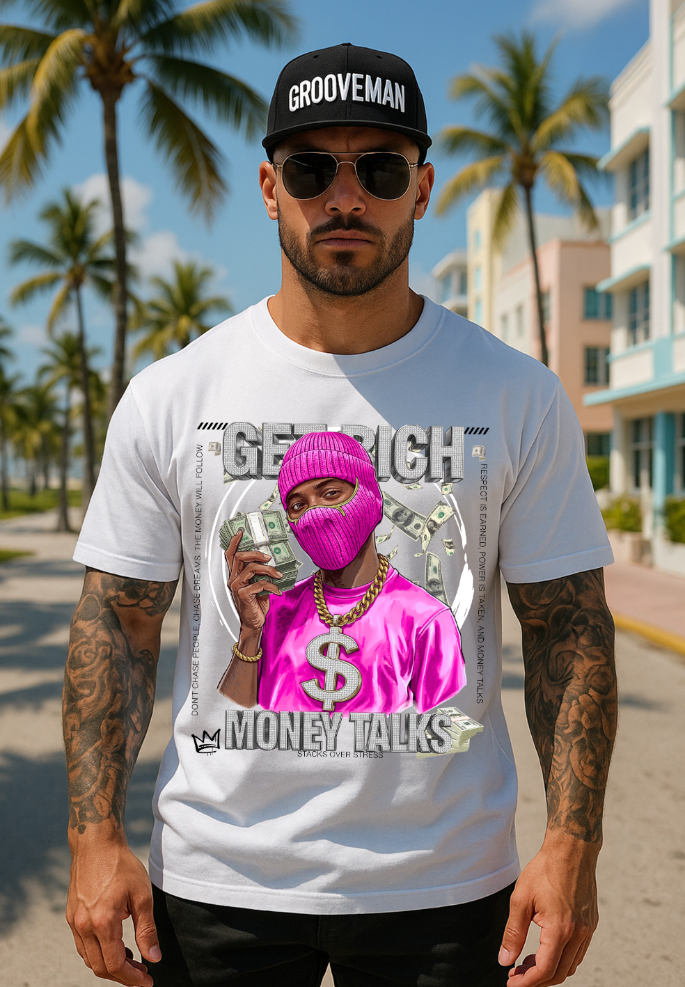 Money Talks Graphic T-Shirt – Get Rich Streetwear Tee with Hot Pink Ski Mask, Stacks & Cuban Chain