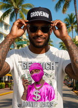 Money Talks Graphic T-Shirt – Get Rich Streetwear Tee with Hot Pink Ski Mask, Stacks & Cuban Chain