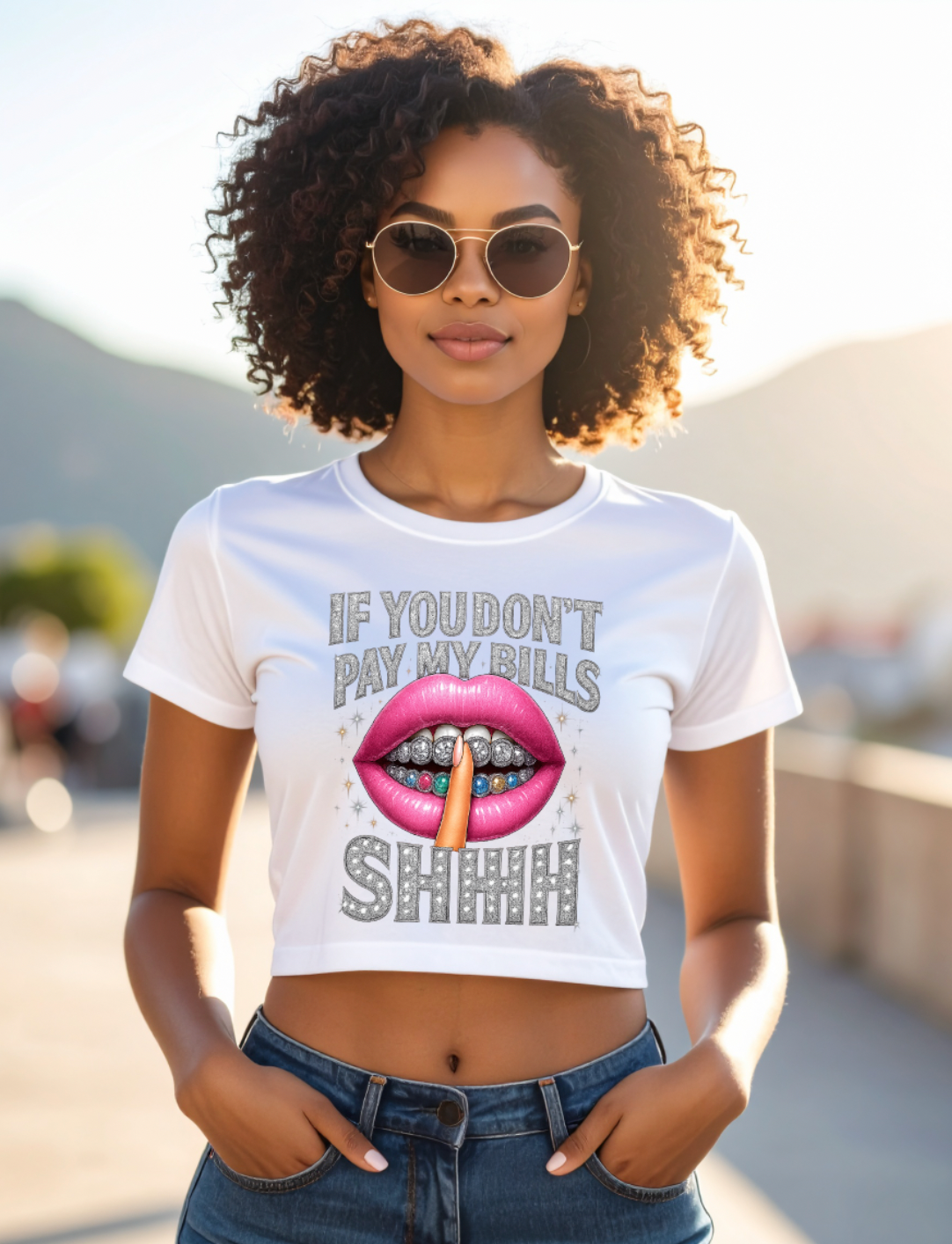 If You Don’t Pay My Bills Shhh Crop Tee – Bling Diamond Lips Graphic T-Shirt for Women