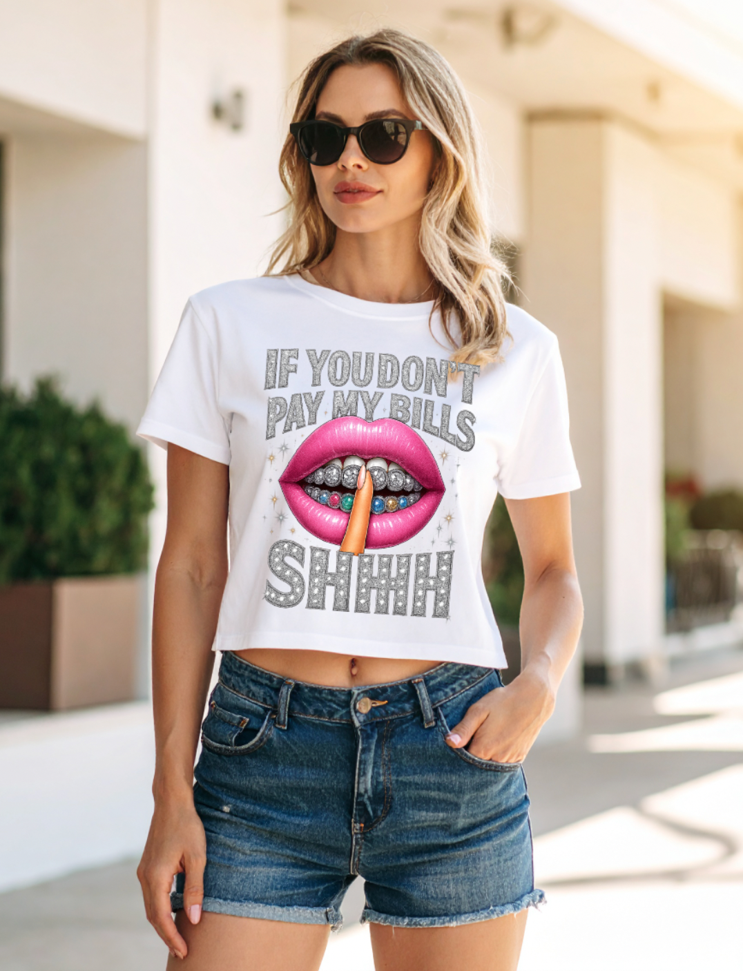 If You Don’t Pay My Bills Shhh Crop Tee – Bling Diamond Lips Graphic T-Shirt for Women