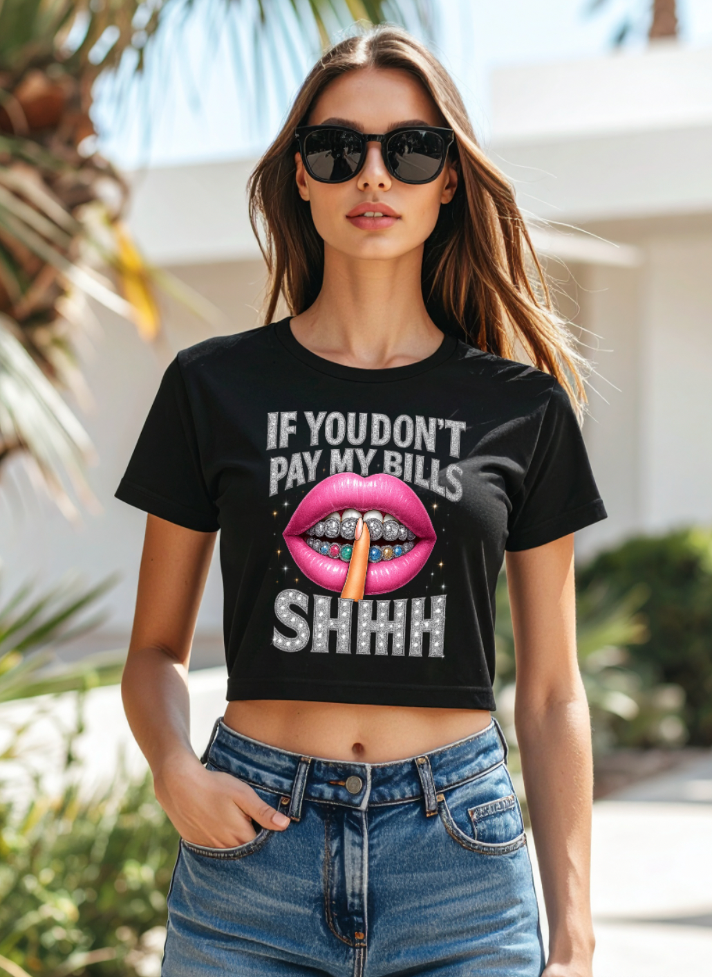 If You Don’t Pay My Bills Shhh Crop Tee – Bling Diamond Lips Graphic T-Shirt for Women