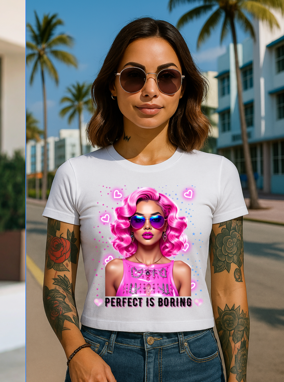 Perfect Is Boring Crop Tee – Pop Art Doll Face Graphic T-Shirt for Women 👩🎨✨ | Pink Hair & Neon Vibes