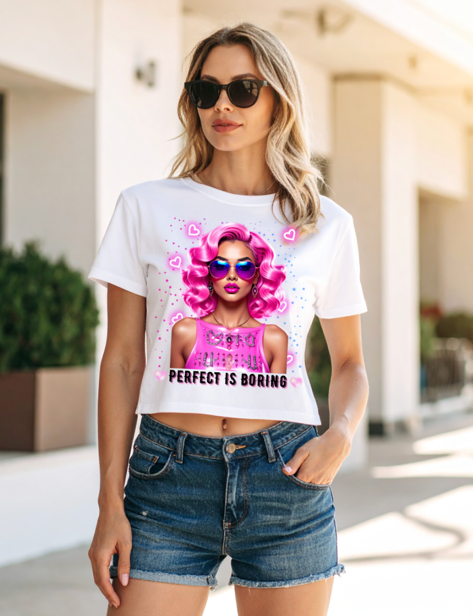 Perfect Is Boring Crop Tee – Pop Art Doll Face Graphic T-Shirt for Women 👩🎨✨ | Pink Hair & Neon Vibes