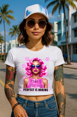 Perfect Is Boring Crop Tee – Pop Art Doll Face Graphic T-Shirt for Women 👩🎨✨ | Pink Hair & Neon Vibes