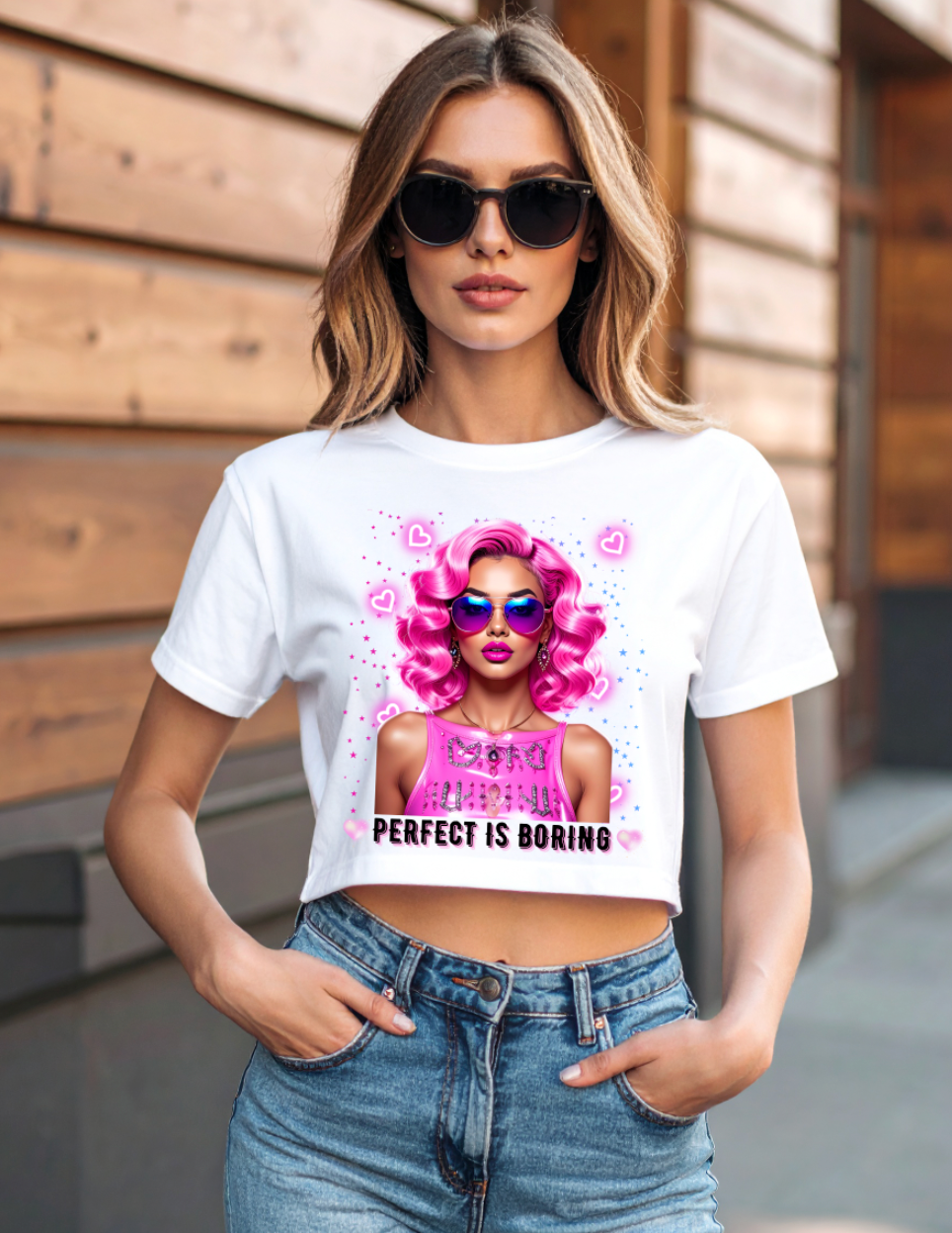 Perfect Is Boring Crop Tee – Pop Art Doll Face Graphic T-Shirt for Women 👩🎨✨ | Pink Hair & Neon Vibes