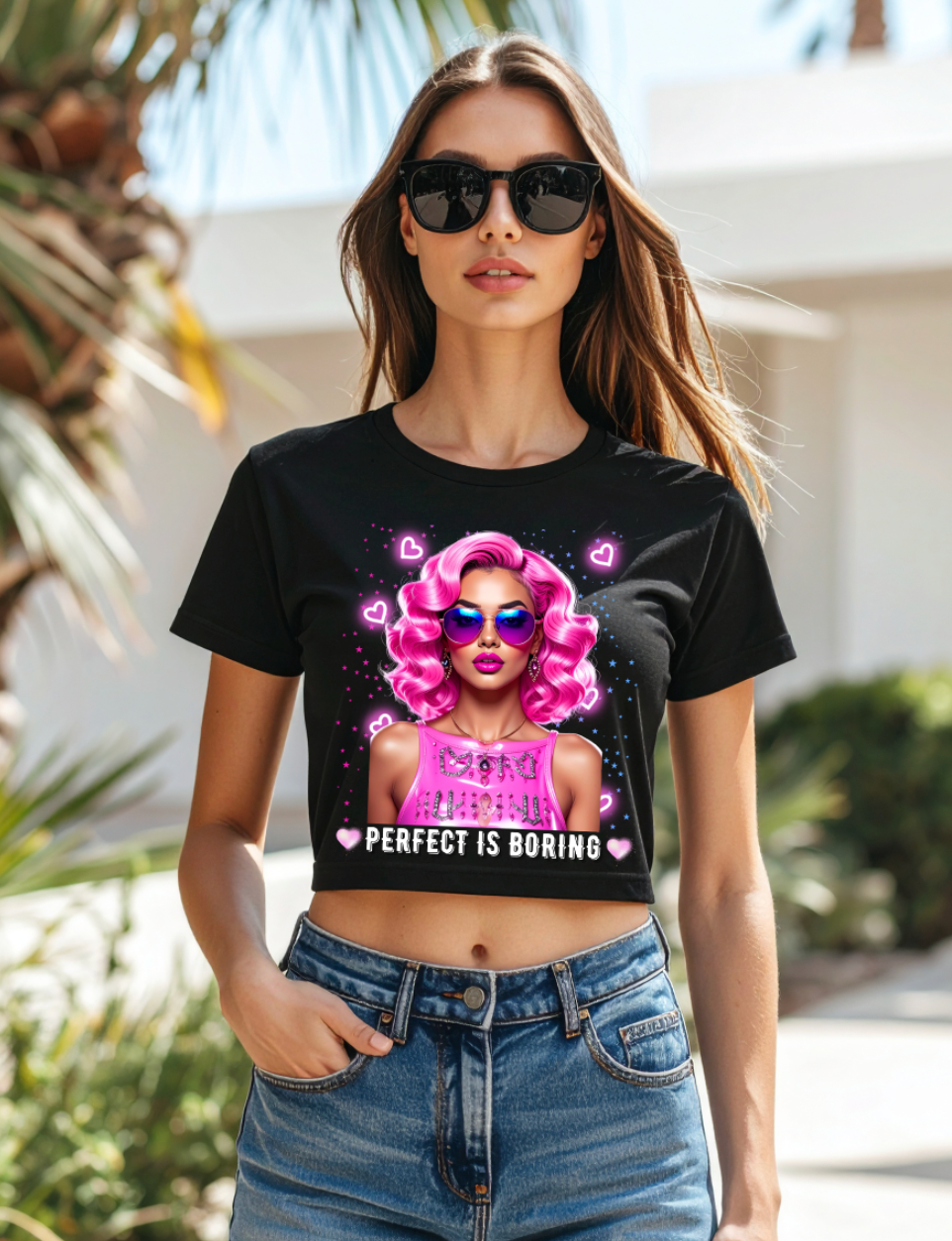 Perfect Is Boring Crop Tee – Pop Art Doll Face Graphic T-Shirt for Women 👩🎨✨ | Pink Hair & Neon Vibes