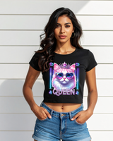 Women’s Crop Top – Queen Cat 👑😺 Glitter Crown & Neon Sunglasses | Streetwear Graphic Tee